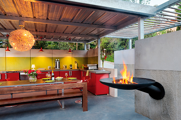 Sunfocus Outdoor Fireplace in a kitchen setting